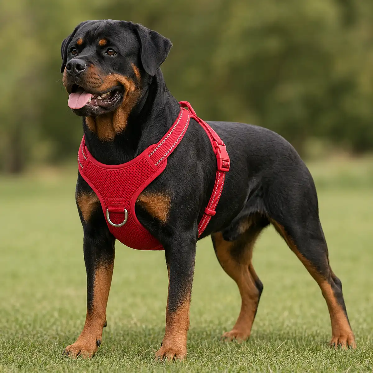 Rottweiler debout dans l'herbe, équipé d'un harnais anti-traction rouge à la place d'un collier